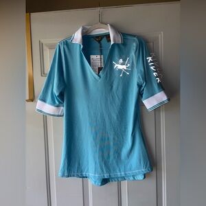 Goode Rider aqua/white equestrian polo shirt size M